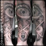 Black and grey part wolf, part woman tattoo by Joe Metrix. #blackandgrey #realism #wolf #eyeball #woman #JoeMetrix