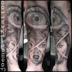 Black and grey part wolf, part woman tattoo by Joe Metrix. #blackandgrey #realism #wolf #eyeball #woman #JoeMetrix