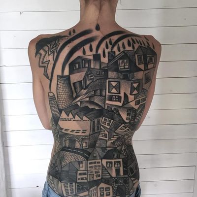 Cubist cityscape tattoo by Peter Aurisch #peteraurisch #architecturetattoos #blackandgrey #cubist #abstract #cityscape #rain #storm #lightning #house #home #city #street #bridge #smoke #building #tattoooftheday
