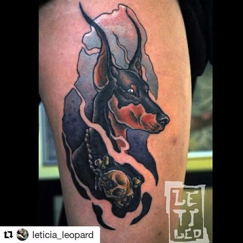 Neo trad doberman tattoo by Leticia Leopard. #neotraditional #dog #doberman #LeticiaLeopard