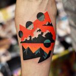 Tattoo by David Cote @thedavidcote #space #color #uniquestyle #clouds #mountains
