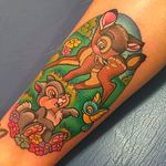 Disney Classic Bambi Tattoo by Sarah K @SarahKTattoo #SarahKTattoo #SouthAustralia #Neotraditional #Colorful #Pop #bright_and_bold #Neotraditionaltattoo #Bambi #DisneyTattoo