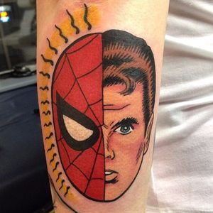 Split tattoo by Superdave Vernon. #Spiderman #marvel #comic #superhero #movie #film