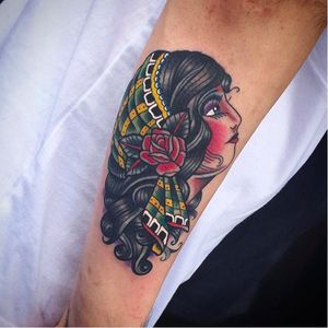 Woman's head tattoo by Saschi McCormack #traditional #color #SaschiMcCormack #lady #traditionallady #traditionalladyhead