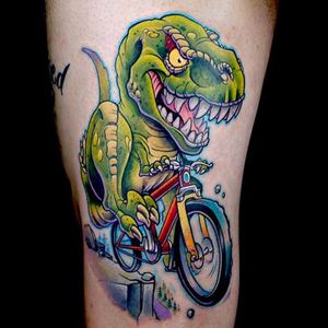 T-Rex bike tattoo by Sausage #dinosaur #Sausage #bicycle #newschool #nuskool