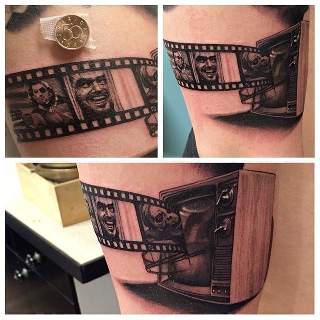 Left Half Sleeve Cinema Camera Reel Tattoo