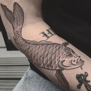 Koi Tattoo by Ganji #koi #fish #japanesekoi #japanese #darkjapanese #blackwork #japaneseblackwork #threetides #Ganji #GanjiBang