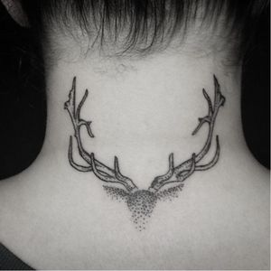 Deer blackwork tattoo by Rabbit of Ascending Lotus Tattoo #nape #dotwork #antlers #deer