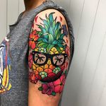 Crazy multi-colored pineapple and flowers half sleeve by Roberto Euán. #cute #kawaii #colorful #RobertoEuán #pineapple #fruit #flowers