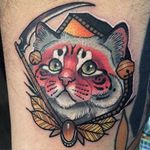 Neotraditional cat tattoo by Young Woong Han. #YoungWoongHan #neotraditional #cat #cattattoo #neo #neko #grimreaper