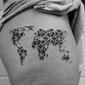 Patterned world map tattoo by Oliver Whiting. #map #worldmap #patterned #OliverWhiting #blackwork