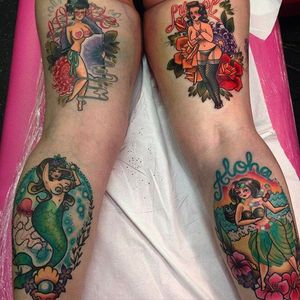 Set of big girl pin up tattoo by Hollie West. #HollieWest #pinup #plussize #bodylove #bodypositivity #pinuplady #biggirlpinup #hawaiian #mermaid #showgirl