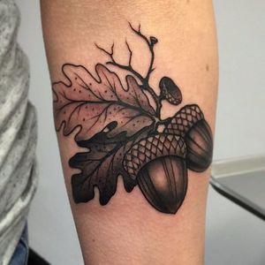 Acorn tattoo by David Mushaney. #acorn #nut #fall #oak #blackandgrey #DavidMushaney