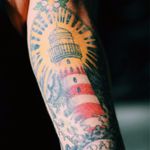Tribute lighthouse tattoo for her dad #tribute #lighthouse #memorial #dad #dadtribute #traditional #TattooStreetStyle #StreetStyle #madridstreetstyle #blckwrk