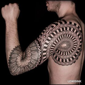 Spiraling sleeve. (via IG - lewisink) #geometric #blackwork #pointillism #dotwork #sleeve #lewisink
