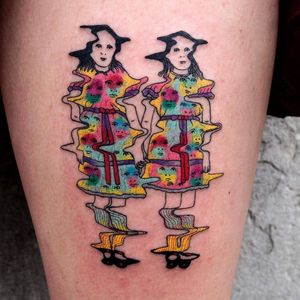 Come play with us. Tattoo by Julian Llouve #julianllouve #trippytattoos #color #illustrative #twins #theshining #warped #surreal #horror #portrait #littlegirls #creepy #strange