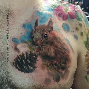 Watercolor squirrel tattoo by Danielle Merricks. #watercolor #squirrel #pinecone #DanielleMerricks #animal #fall