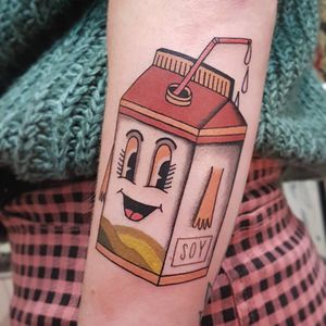 Sweet Soy Sue tattoo by Rion #Rion #cutetattoos #color #vintage #illustrative #popart #soy #milkcarton #drink #beverage #milk #smileyface #straw #cute