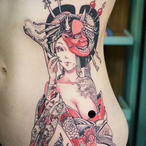 Oiran tattoo by Hori Benny #HoriBenny #portraittattoos #color #illustrative #oiran #hannya #kimono #floral #koi #opiumpipe #pipe #geisha #portrait #lady