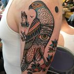 Third Eye Falcon tattoo by Henry Hablak #HenryHablak #birdtattoos #color #traditional #folktraditional #falcon #thirdeye #bird #wings #feathers #flowers #castle #house #branch #nature #landscape