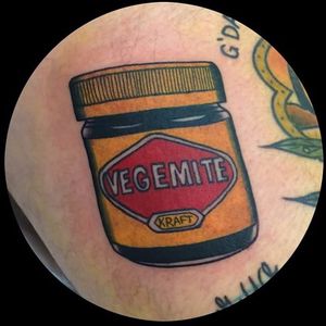 Vegemite tattoo by Leonie New. #vegemite #jar #australia #australian #neotraditional #LeonieNew