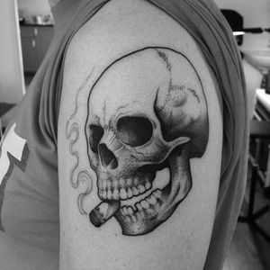 Cool skull tattoo by Matt Pettis #MattPettis #blackwork #blckwrk #btattooing #dotshading #skull #cigar