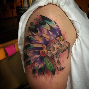 Headdress Tattoo by Daniel Baker #headdress #nativeamerican #nativeamericanheaddress #indian #indianart #DanielBaker #watercolor