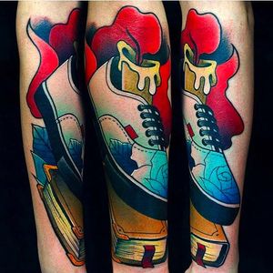 Bold and Bright Vans Shoe Tattoo by @Fishero #Fishero #FisheroTattoo #CZechRepublic #Vans #VansTattoo #Shoe #ShoeTattoo #Book #Candle