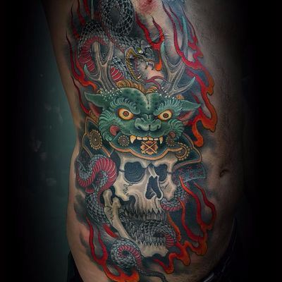 Death always comes by Matt Beckerich #MattBeckerich #color #Japanese #skull #fire #snake #shishi #oni #dragon #scales #pattern #smoke #death #demon #ghost #yokai #tattoooftheday