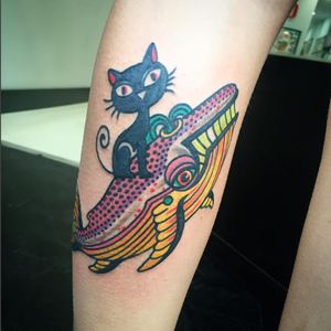 A cat surfing a whale by Deno (IG—denotattoo). #Deno #streetart #surreal #traditional #trippy #whale