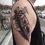Spaceship tattoo by Jakob Holst Rasmussen #JakobHolstRasmussen #neotraditional #contemporary #monochromatic #monochrome #dotwork #spaceship