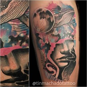 Poetic tattoo by Tin Machado #TinMachado #graphic #whale #colorsplash #woman #collage