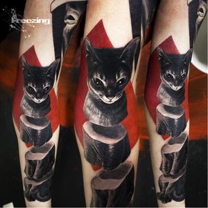 Cat tattoo by Denis Moskalev #DenisMoskalev #graphic #realism #trashpolka #redink #blackwork #cat