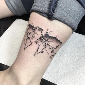 Gorgeous blackwork map tattoo by Georgina Hawkes #GeorginaHawkes #compass #geometric #maptattoo #worldmap #linework #linetattoo #dotwork #ladytattooer #uktattooer #brightontattoo