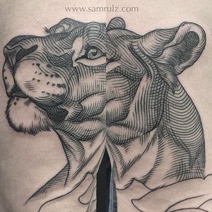Lioness Tattoo by Sam Rulz #IllustrativeTattoos #Illustrative #Etching #Illustration #Blackwork #SamRulz #lion #lioness
