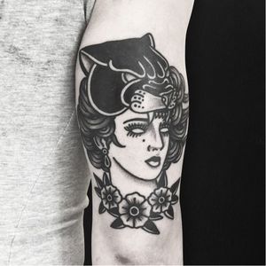 Panther lady tattoo by Solly Rose #SollyRose #blacktraditional #panther #lady #blackwork