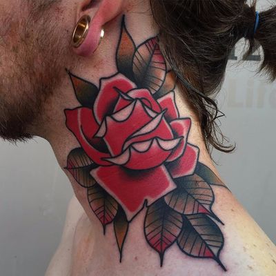 Neck rose by Dannii G #DanniiG #color #traditional #rose #flower #leaves #nature #tattoooftheday