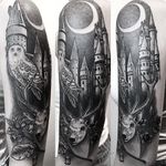 Blackwork Hogwarts tattoo by Ville Prinsen. #VillePrinsen #blackwork #deer #owl #HarryPotter #hogwarts #castle #popculture #film