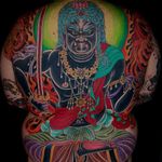 Fudo Myoo by Mike Rubendall #MikeRubendall #color #japanese #buddhist #folklore #deity #protector #warrior #jewelry #sword #dharmawheel #fire #lotus #jewels #gems #light #sun #tattoooftheday