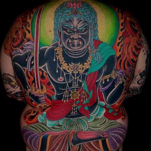 Fudo Myoo by Mike Rubendall #MikeRubendall #color #japanese #buddhist #folklore #deity #protector #warrior #jewelry #sword #dharmawheel #fire #lotus #jewels #gems #light #sun #tattoooftheday