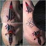Awesome placement with this dagger on the shoulders. Tattoo done by Moira Ramone. #MoiraRamone #25toLife #traditionaltattoo #dagger #shoulder #coloredtattoo