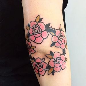 Elbow tattoo by blooming_ink via Instagram. #elbow #painful #traditional #traditionalamerican #traditional #rose #pink