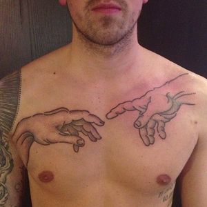 Creation of Adam tattoo by Adam Sage #handpoke #handpoked #AdamSage #handcrafted #sistinechapel #finearts #creationofadam #god #hands
