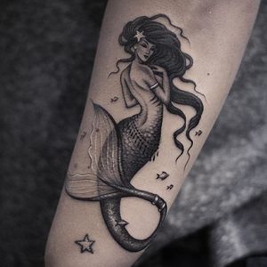 Mermaid via lazerliz #mermaid #blackandgrey #feminine #elizabethmarkov #bangbangnyc #microtattoo