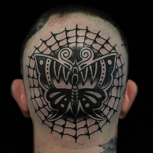 Spider Web Halloween Tattoo by Austin Maples #Spiderweb #Butterfly #Headtattoo #Halloween #Halloweentattoo