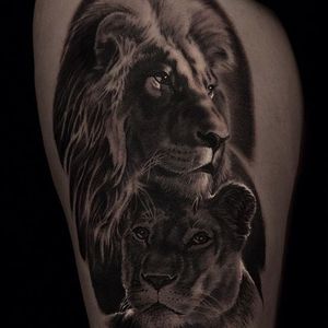 Lions. (via IG - andreytattoo) #AndreySmolentcev #BlackandGrey #AnimalHeads #Realism #lions