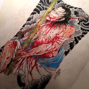 Awesome gory detail in this painting would make a killerback-piece. Tattoo design by Chris O'Donnell. #ChrisODonnell #TraditionalJapanese #KingsAvenueTattoo #NewYorkTattooer #oriental #easternculture #gory #asianart #warrior