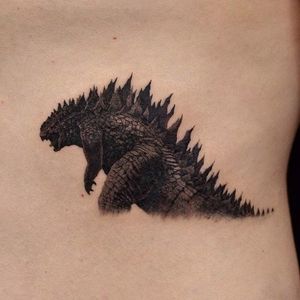Godzilla tattoo by Eiji. #Godzilla #japanese #monster #movie #blackandgrey #elji