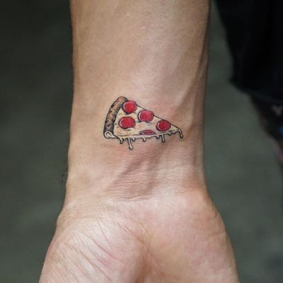 Pizza tattoo by Mr K #MrK #foodtattoos #color #realism #realistic #newtraditional #mashup #pepperoni #pepperonipizza #pizza #cheese #Italian #tattoooftheday