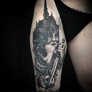 Blackwork manor portrait tattoo by Tyler Allen Kolvenbach. #TylerAllenKolvenbach #blackwork #manor #house #dark #grim #portrait #woman #dagger #victorian